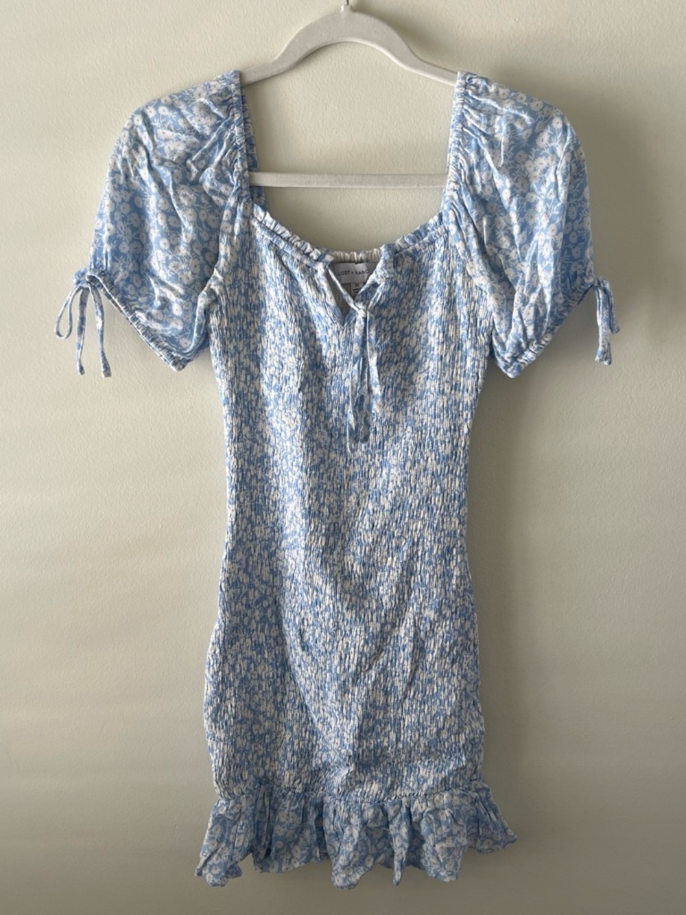 Lost + Wander Powder Blue Floral Smocked Mini Dress